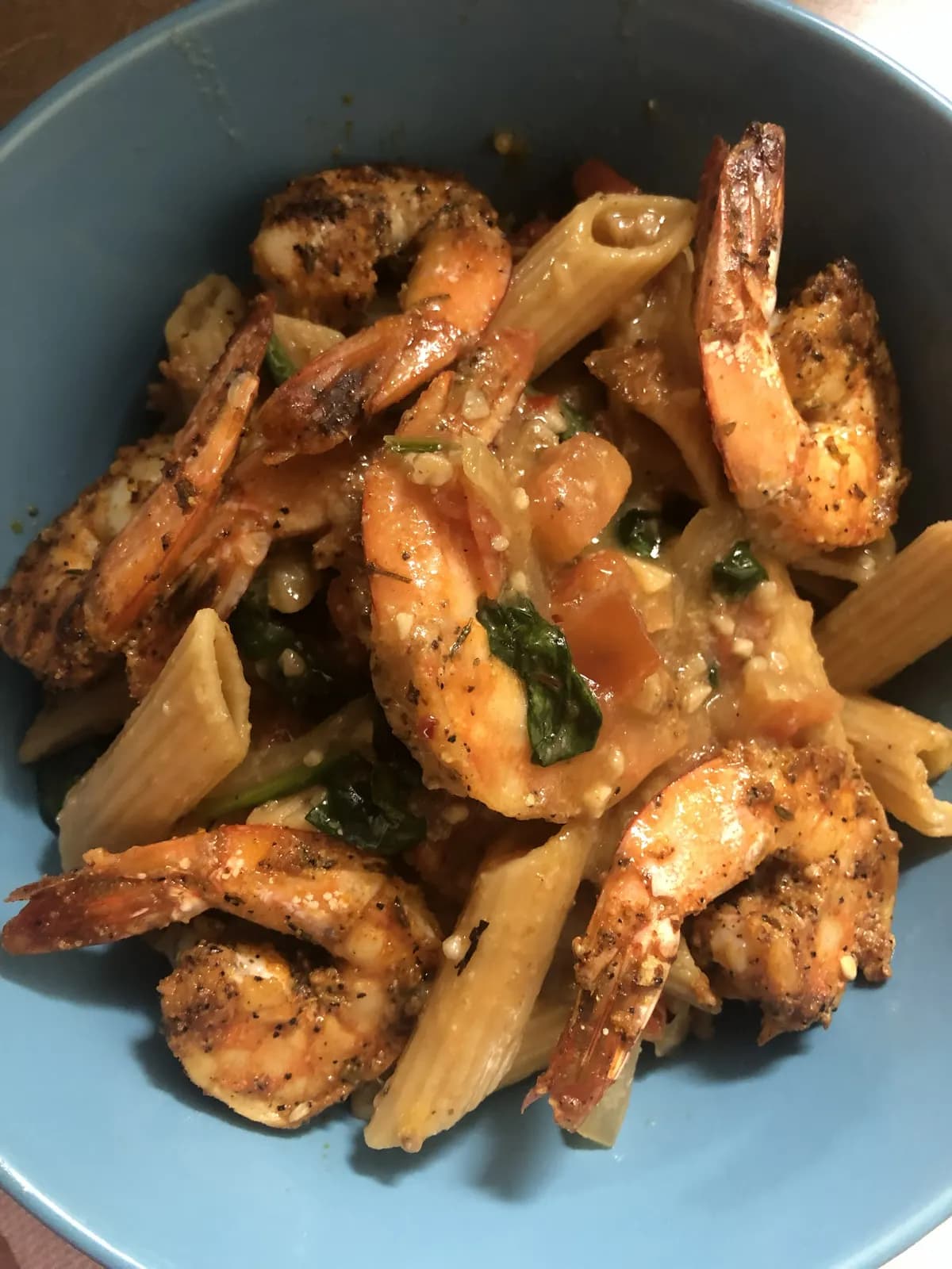 Shrimp saute with vegetables in a bowl